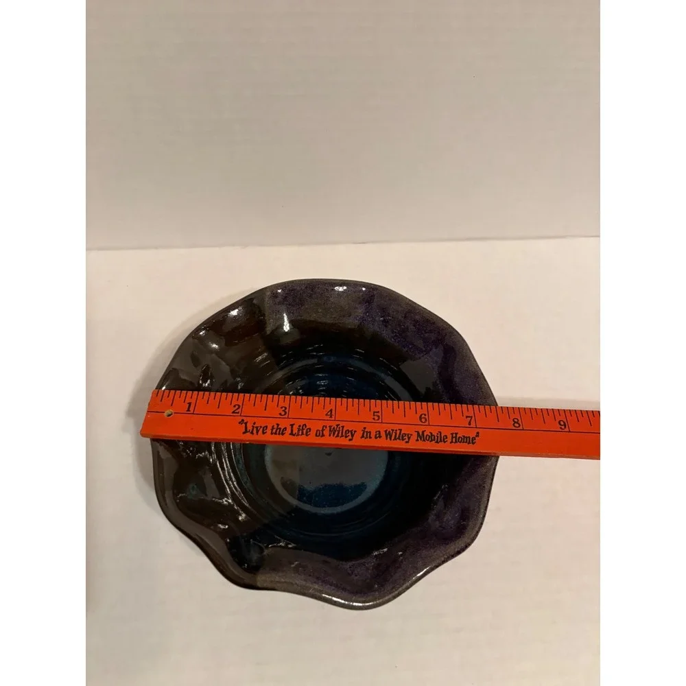 Dodge Studio Pottery Ruffled Bowl Set Purple Brown Glaze Signed Handcrafted 2pc